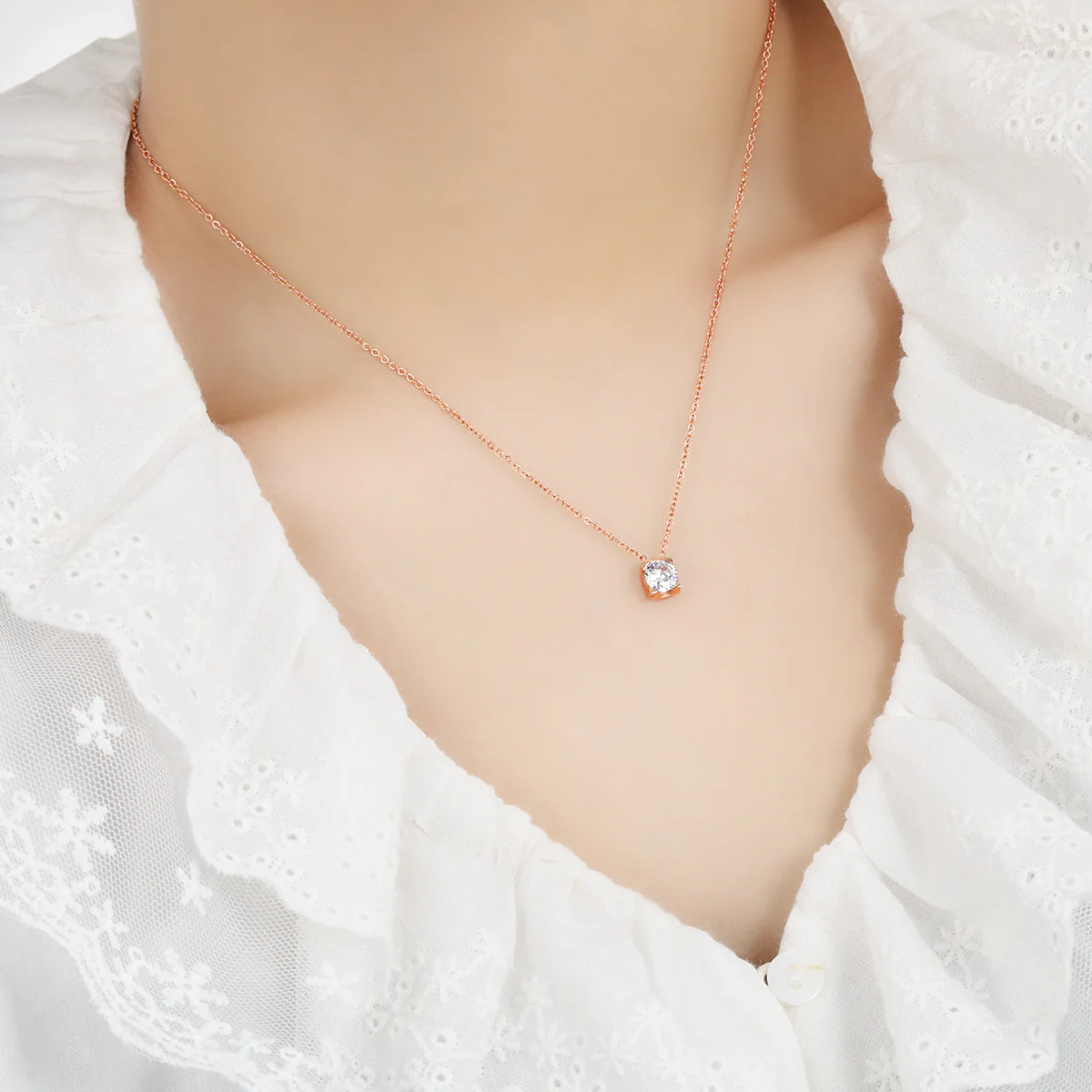 18K Rose Gold PVD Necklace w/ Round Mounted Cubic Zirconia - Image 2